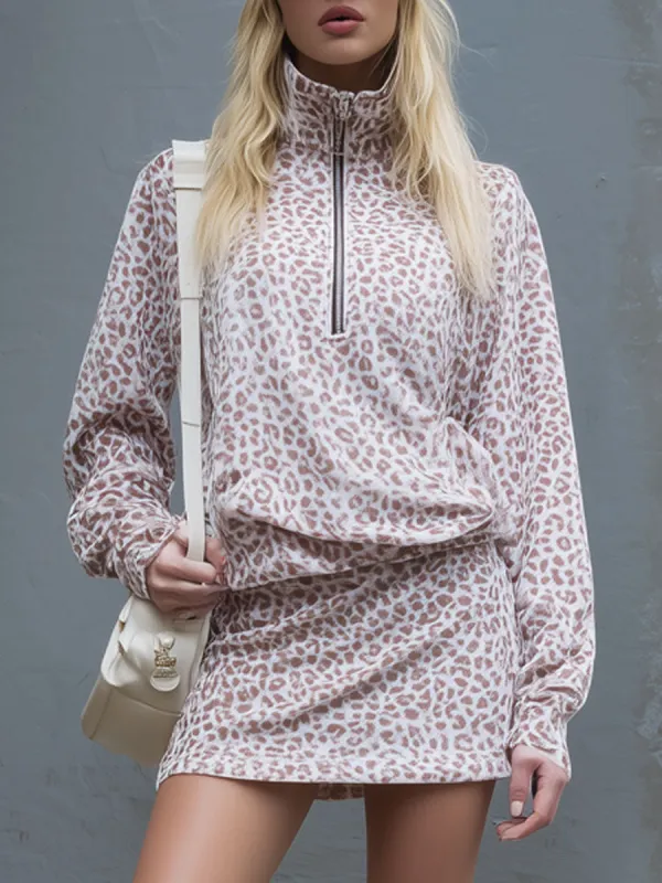 Loose-fitting Leopard Print Stand-collar Zip-up Top And Velvet Skirt Set sold by Oyrosy