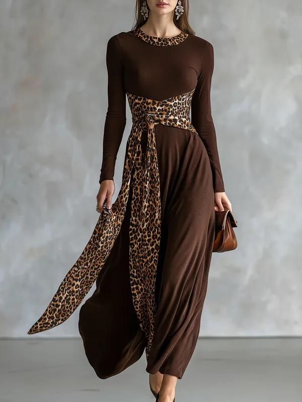 Retro Leopard Print Patchwork Long-sleeved Midi Dress sold by Oyrosy