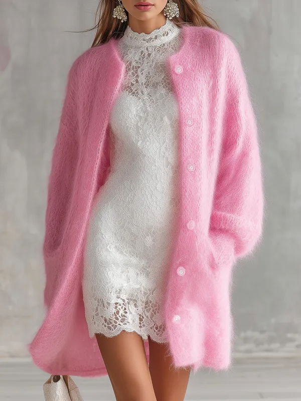 Elegant Vintage-inspired Relaxed-fit Solid Color Mid-length Mohair Cardigan sold by Oyrosy