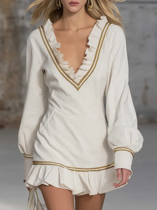 Sporty And Fashionable Ruffled V-neck Mini Dress sold by Oyrosy