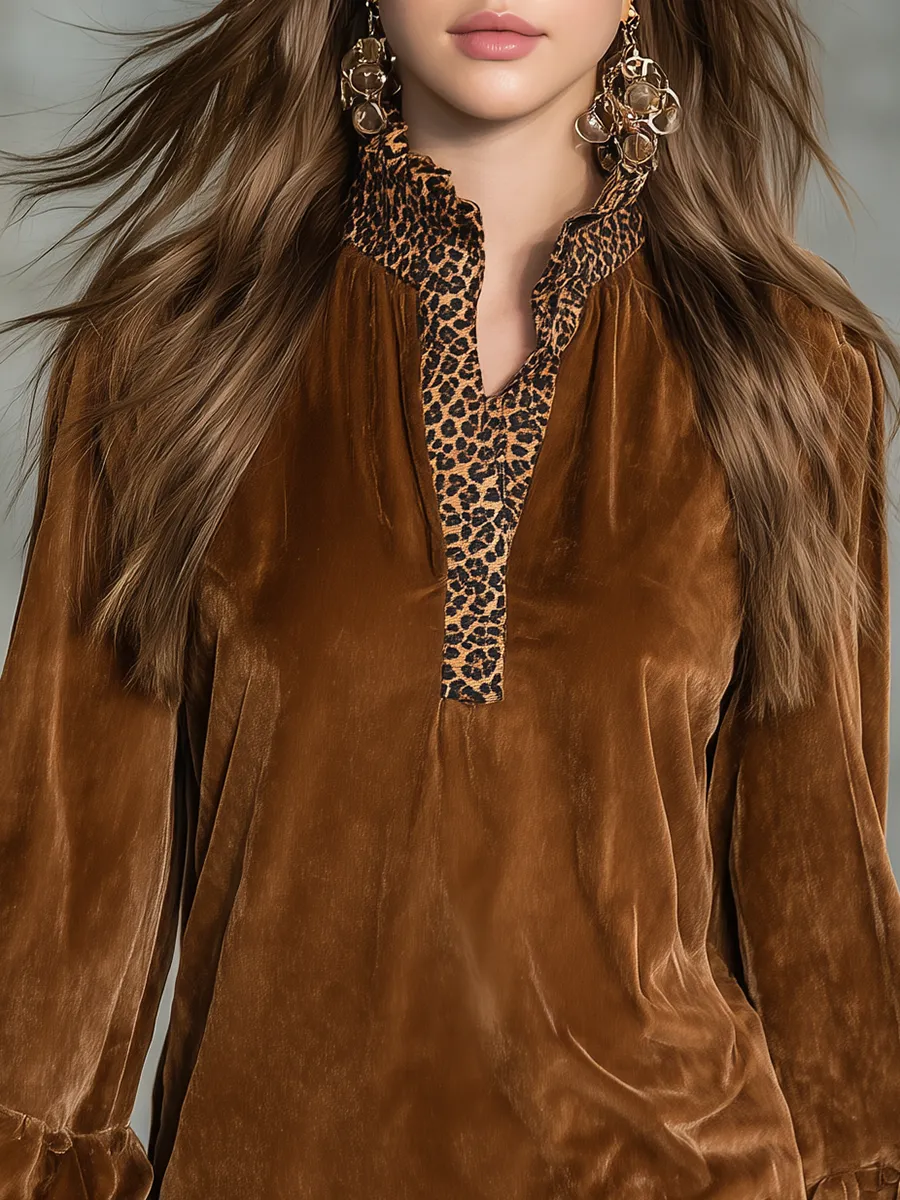 Stylish Retro Leopard Print And Velvet Patchwork Mini Dress sold by Oyrosy product image thumbnail 3