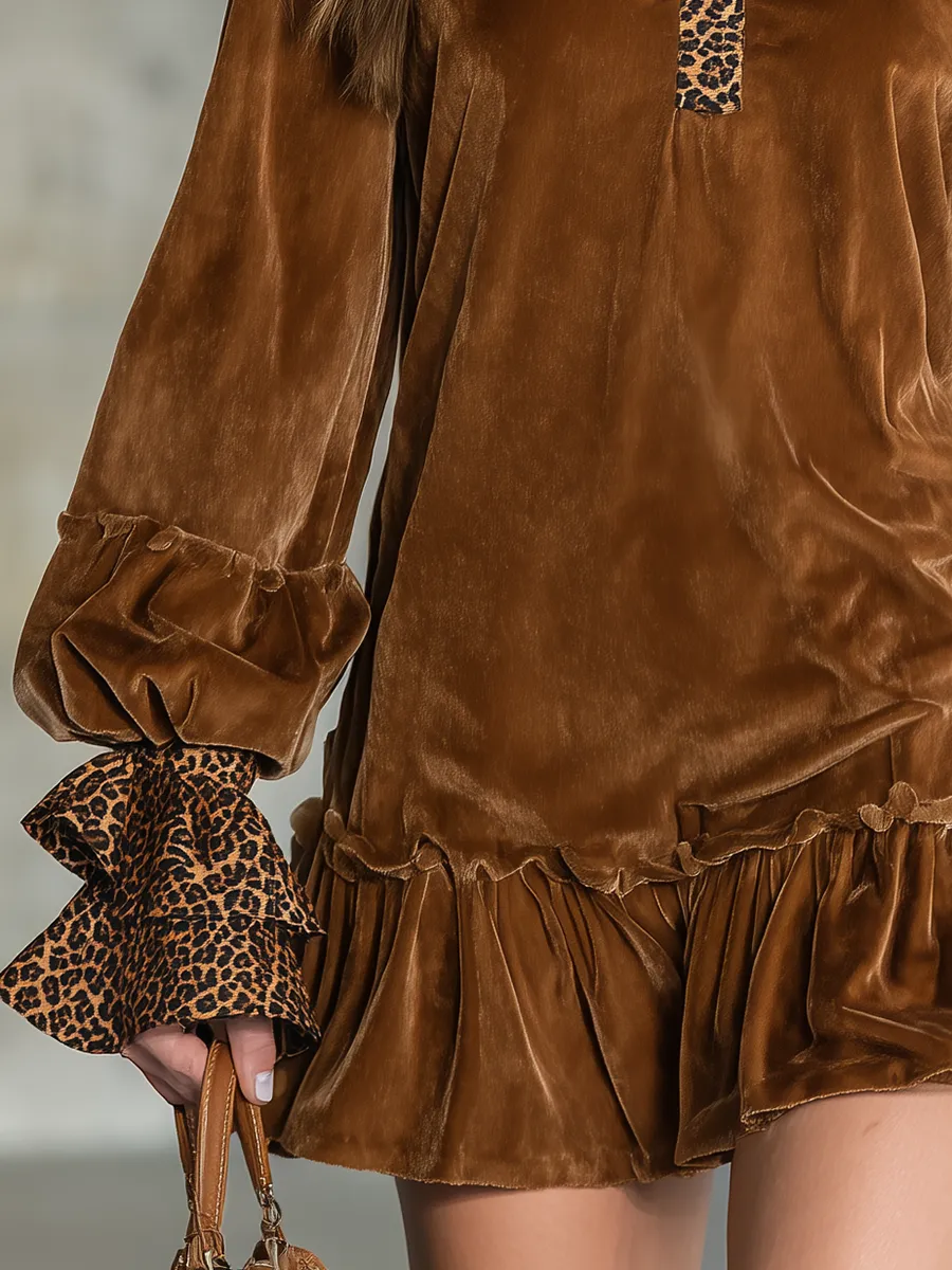 Stylish Retro Leopard Print And Velvet Patchwork Mini Dress sold by Oyrosy product image thumbnail 4