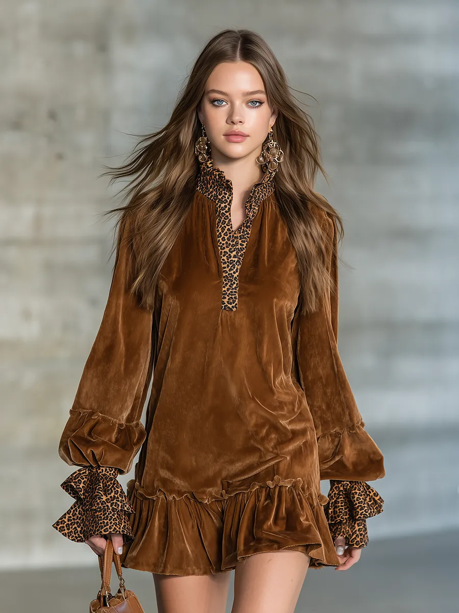 Stylish Retro Leopard Print And Velvet Patchwork Mini Dress sold by Oyrosy product image thumbnail 2