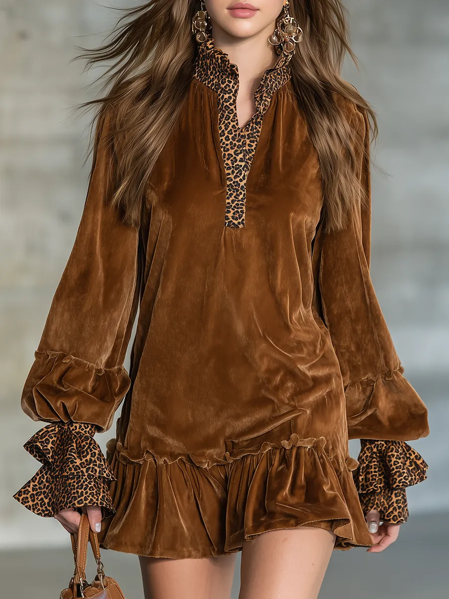 Stylish Retro Leopard Print And Velvet Patchwork Mini Dress sold by Oyrosy