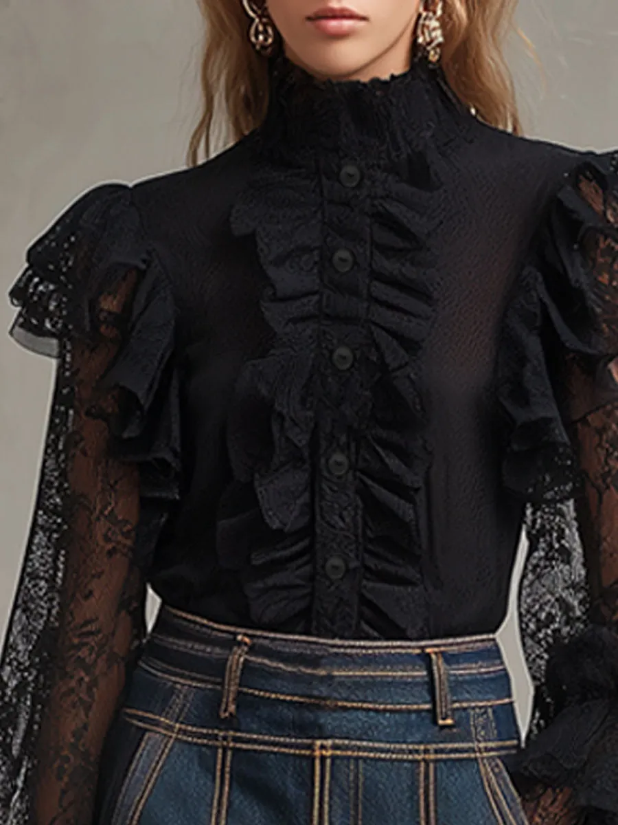 Fashionable Retro Black Lace Mesh Ruffled Long-sleeved Shirt sold by Oyrosy product image thumbnail 4