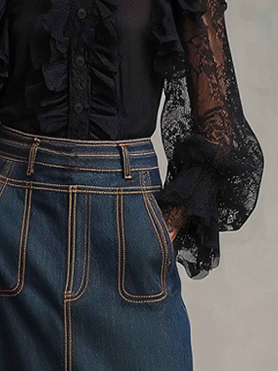 Fashionable Retro Black Lace Mesh Ruffled Long-sleeved Shirt sold by Oyrosy product image thumbnail 3