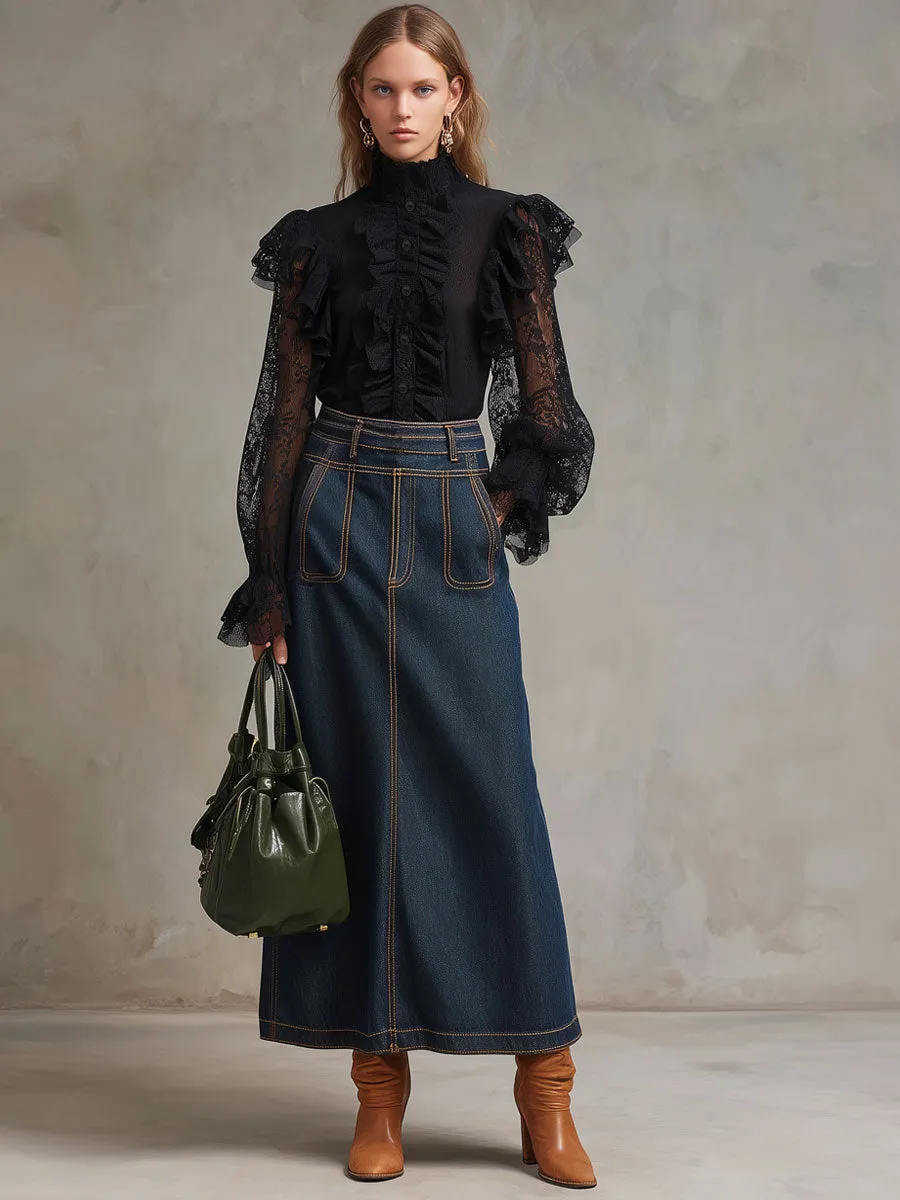 Fashionable Retro Black Lace Mesh Ruffled Long-sleeved Shirt sold by Oyrosy product image thumbnail 2