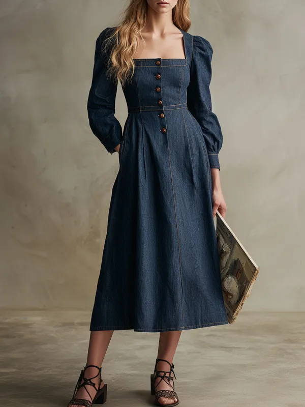Fashionable Retro Navy Blue Denim Square Neck Long-sleeved Midi Dress sold by Oyrosy