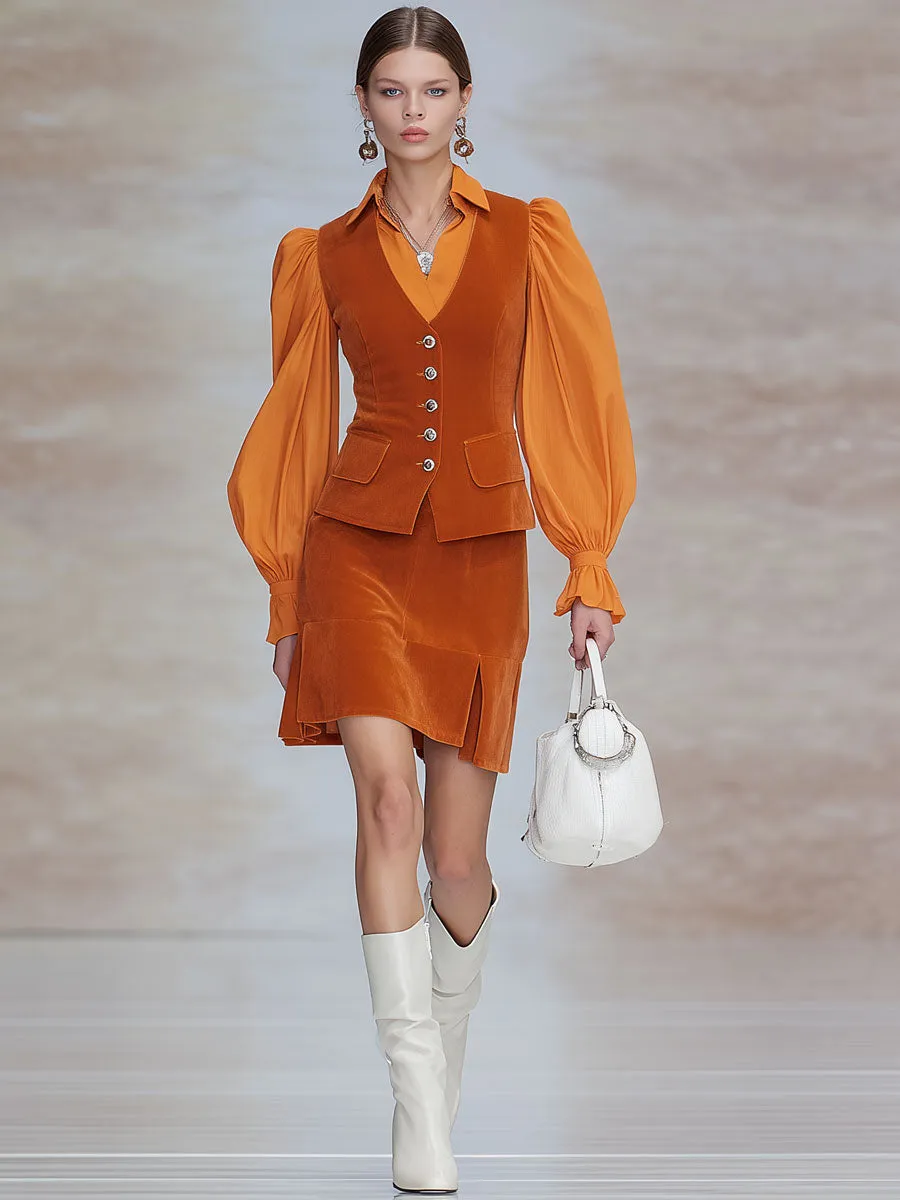 Fashionable Retro Long-sleeved Chiffon Orange Velvet Shirt And Skirt Set sold by Oyrosy product image thumbnail 2