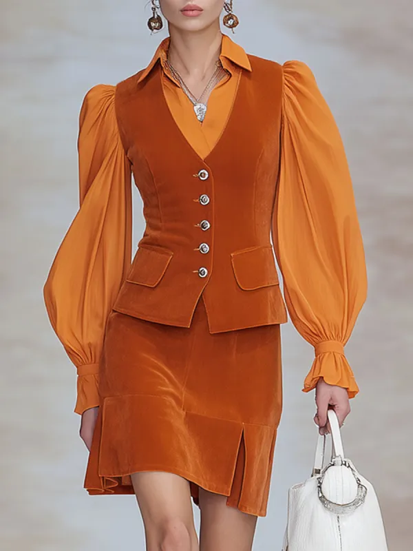 Fashionable Retro Long-sleeved Chiffon Orange Velvet Shirt And Skirt Set sold by Oyrosy