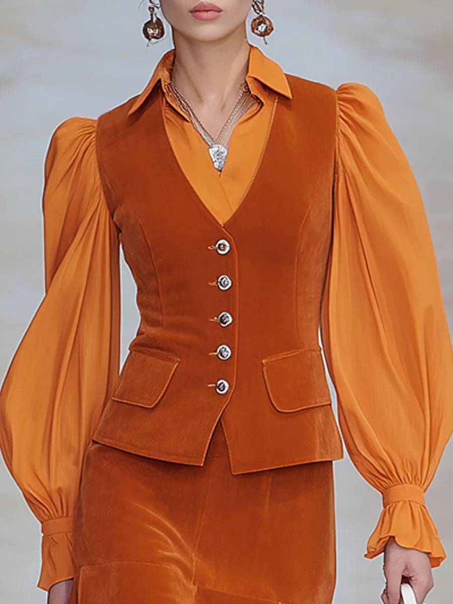 Fashionable Retro Long-sleeved Chiffon Orange Velvet Shirt And Skirt Set sold by Oyrosy product image thumbnail 3
