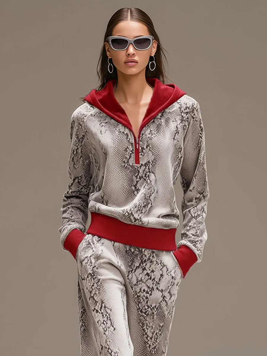 Casual Sporty Retro Snakeskin Gray Velvet Hooded Sweatshirt Wide-Leg Set sold by Oyrosy product image thumbnail 5