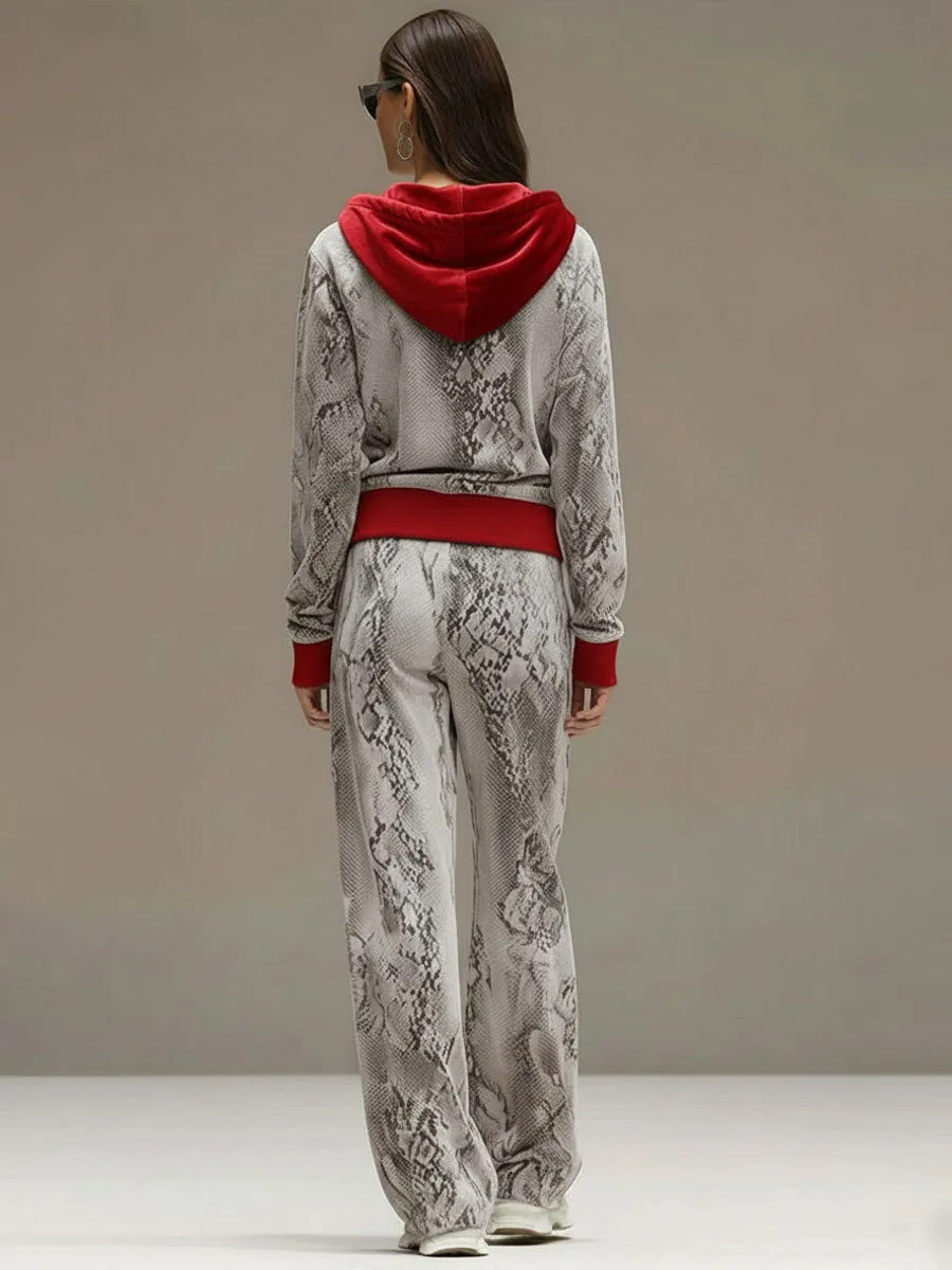 Casual Sporty Retro Snakeskin Gray Velvet Hooded Sweatshirt Wide-Leg Set sold by Oyrosy product image thumbnail 3