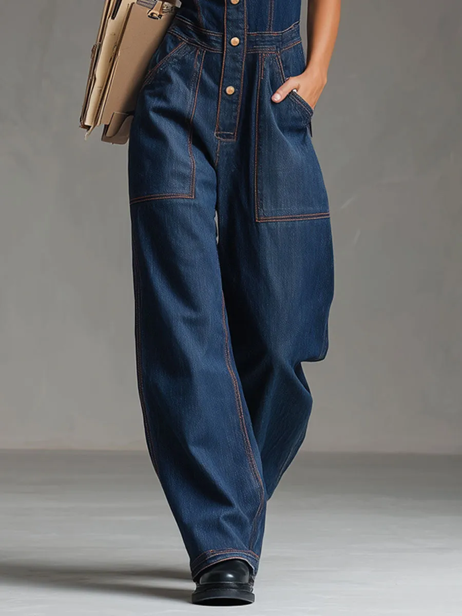 Casual Retro Multi-pocket Topstitching Dark Blue Denim Sleeveless Balloon Jumpsuit sold by Oyrosy product image thumbnail 4