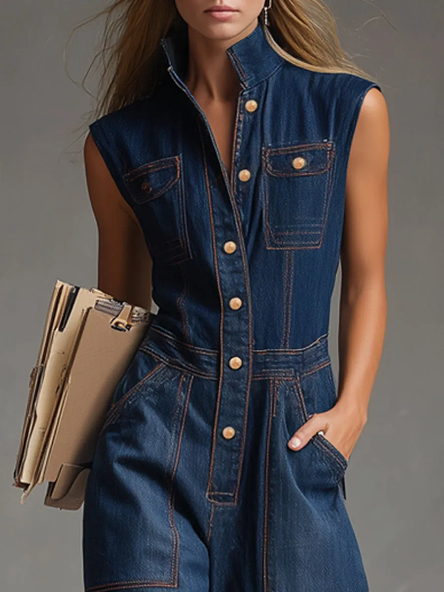 Casual Retro Multi-pocket Topstitching Dark Blue Denim Sleeveless Balloon Jumpsuit sold by Oyrosy product image thumbnail 3