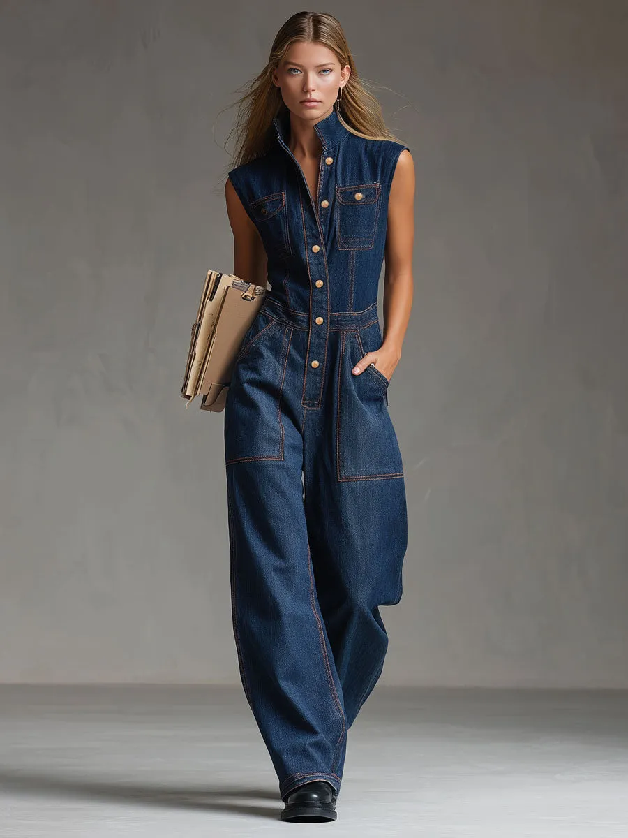 Casual Retro Multi-pocket Topstitching Dark Blue Denim Sleeveless Balloon Jumpsuit sold by Oyrosy product image thumbnail 2