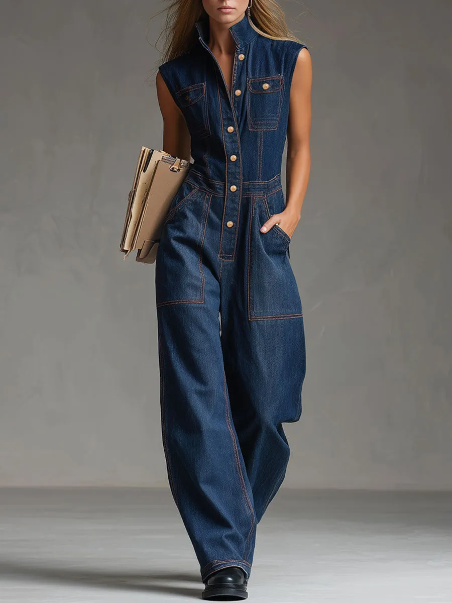 Casual Retro Multi-pocket Topstitching Dark Blue Denim Sleeveless Balloon Jumpsuit sold by Oyrosy
