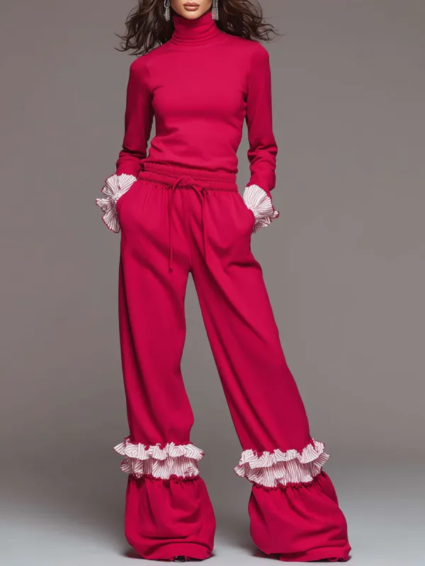 Fashionable Sporty Striped Ruffled Red Turtleneck Top And Wide-leg Pants Set sold by Oyrosy