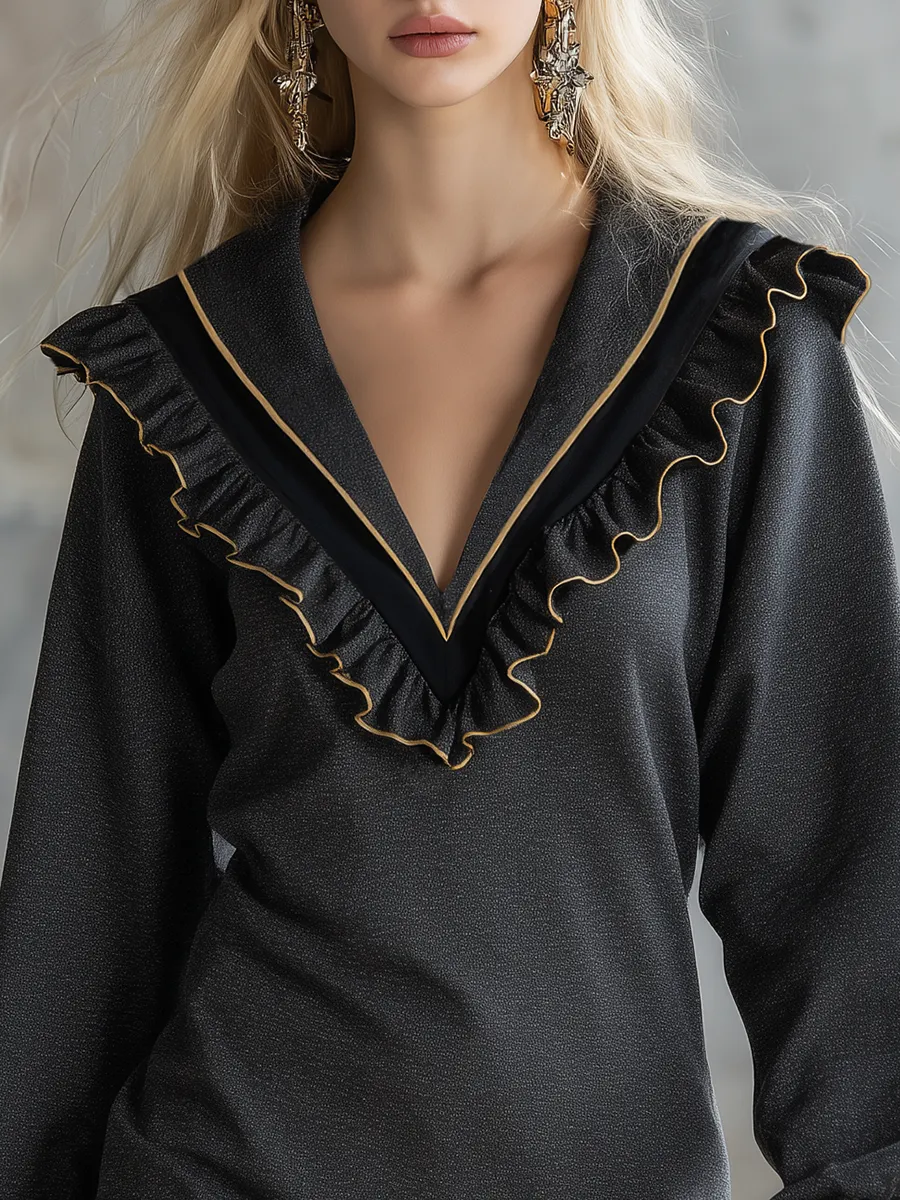 Retro Sporty V-neck Ruffle Mini Sweatshirt Dress sold by Oyrosy product image thumbnail 3