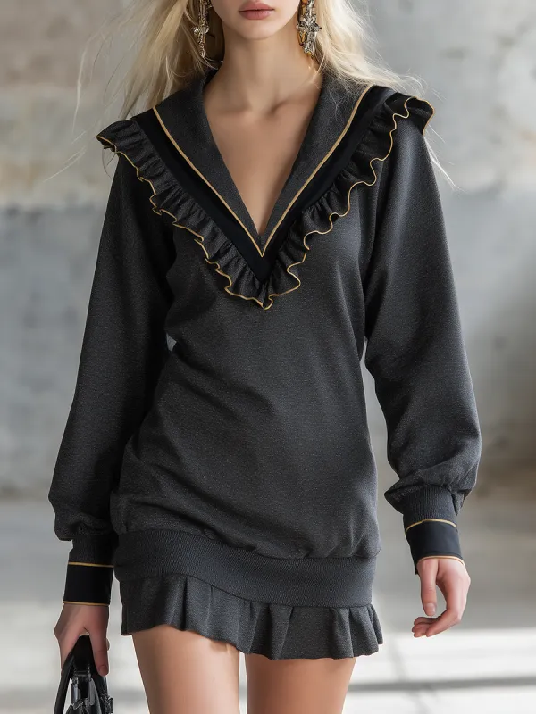 Retro Sporty V-neck Ruffle Mini Sweatshirt Dress sold by Oyrosy