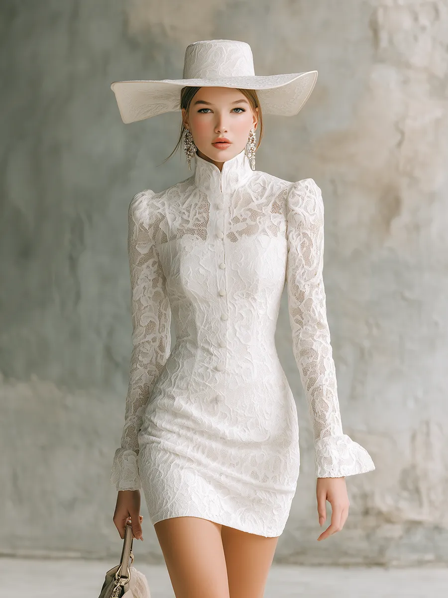 Elegant Vintage-style Stand-collar Lace Mini Dress sold by Oyrosy product image thumbnail 2