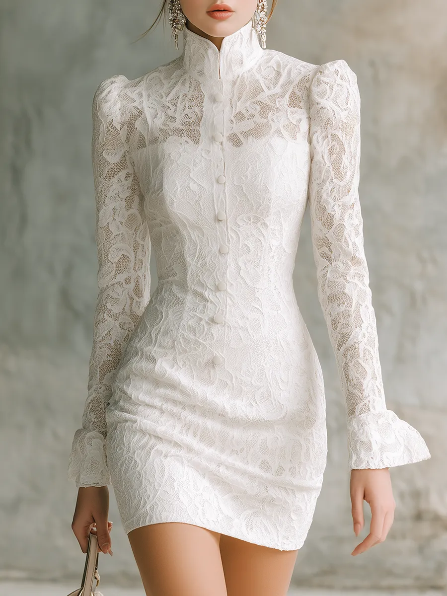 Elegant Vintage-style Stand-collar Lace Mini Dress sold by Oyrosy