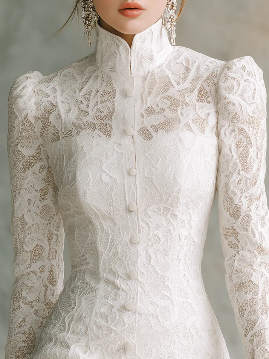 Elegant Vintage-style Stand-collar Lace Mini Dress sold by Oyrosy product image thumbnail 3
