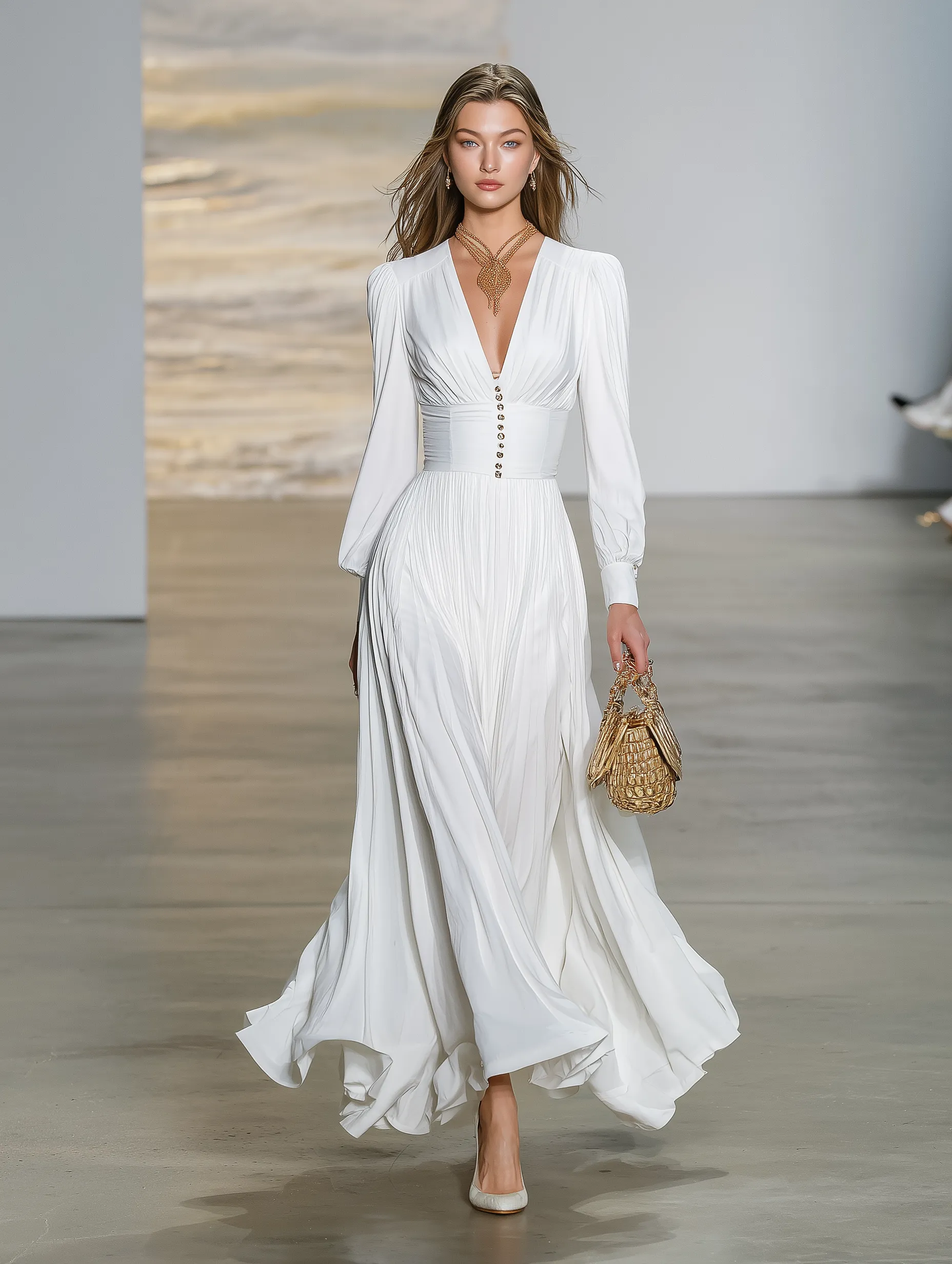 Stylish White Satin V-neck Pleated Maxi Dress sold by Oyrosy product image thumbnail 4