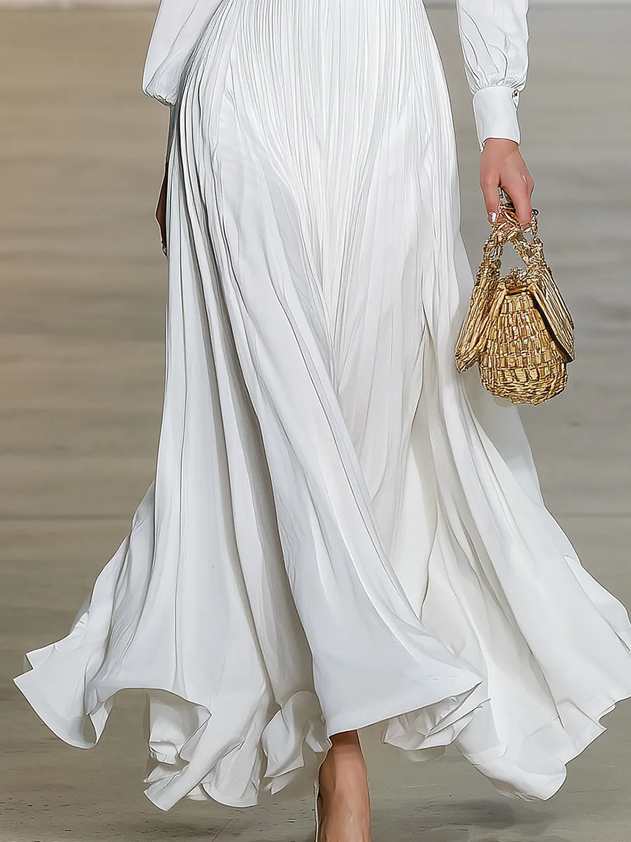 Stylish White Satin V-neck Pleated Maxi Dress sold by Oyrosy product image thumbnail 2