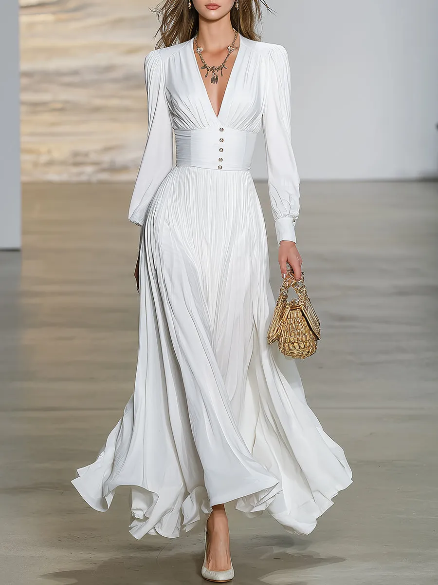 Stylish White Satin V-neck Pleated Maxi Dress sold by Oyrosy