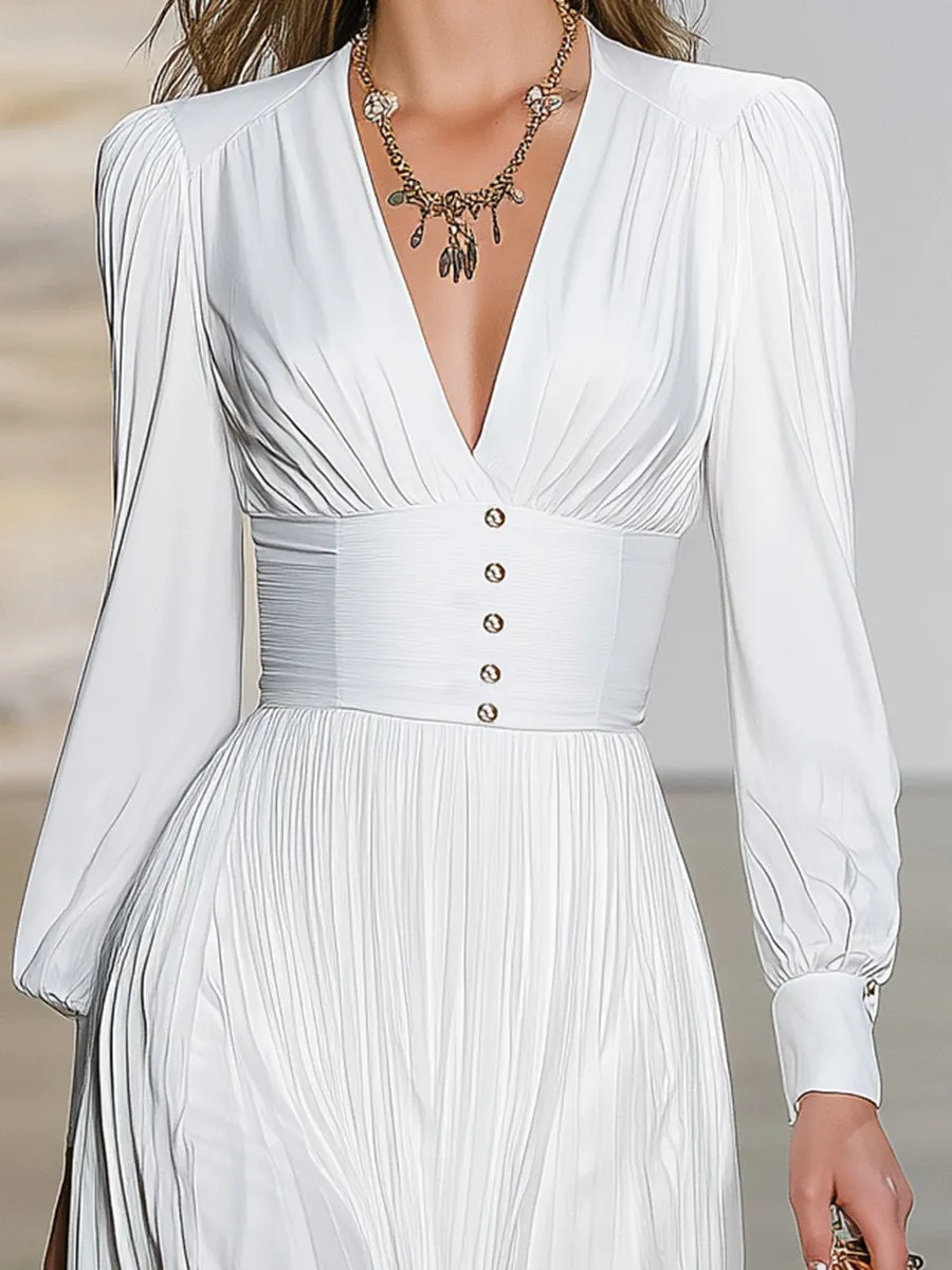 Stylish White Satin V-neck Pleated Maxi Dress sold by Oyrosy product image thumbnail 3
