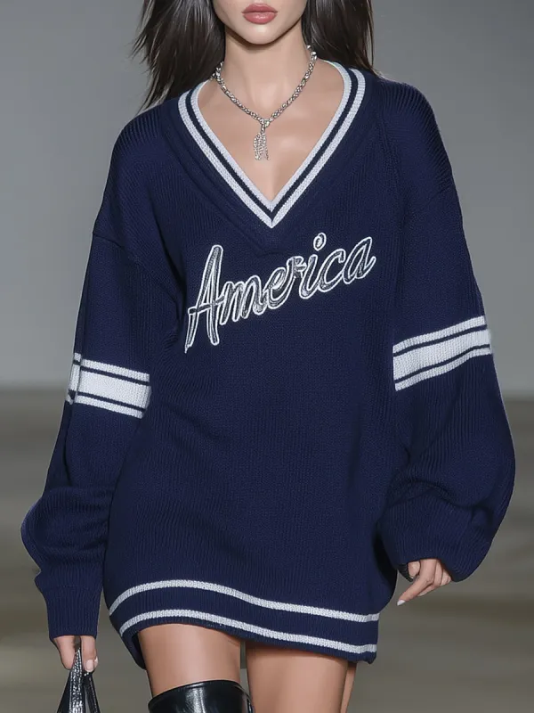 Stylish Blue Knitted Mini Dress With White Embroidery And Contrasting Panels. sold by Oyrosy