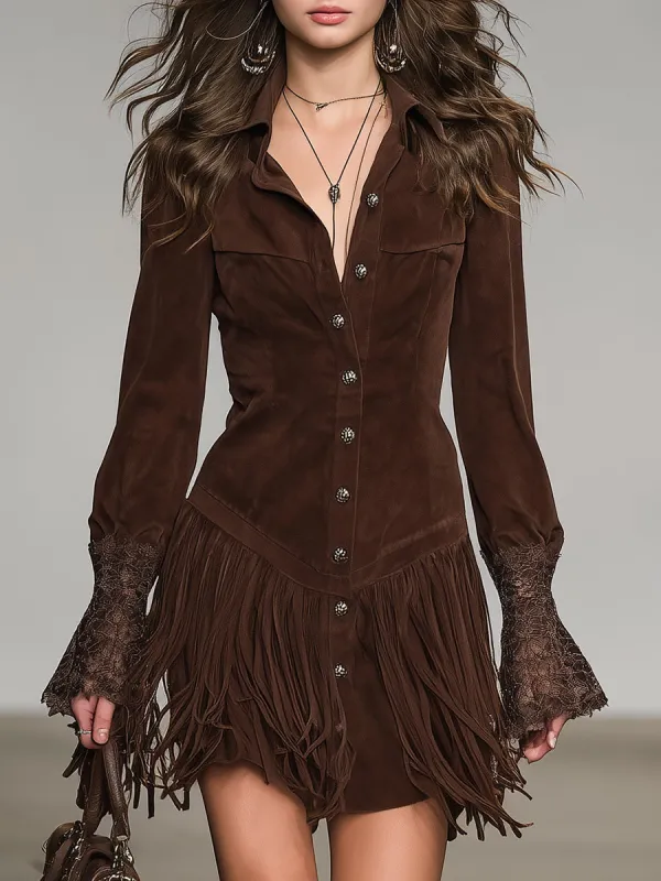 Western-style Brown Faux Suede With Fringed Hem And Cuffs Shirt Mini Dress sold by Oyrosy
