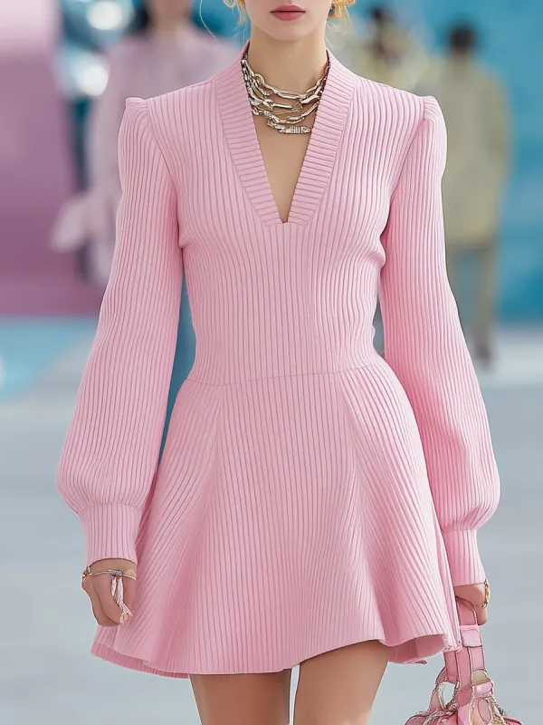 Stylish Pink Ribbed Knit V-neck Mini Dress sold by Oyrosy