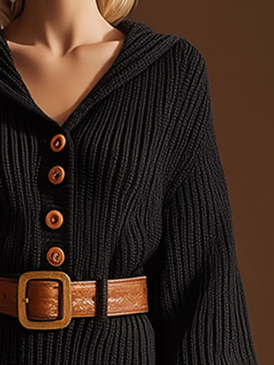 Casual And Elegant Hooded Button-up Black Knitted Mini Dress sold by Oyrosy product image thumbnail 3