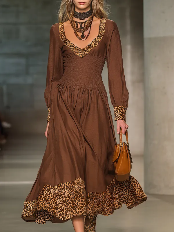 Stylish Brown Midi Dress With V-neck And Leopard Print Detailing At The Waist sold by Oyrosy