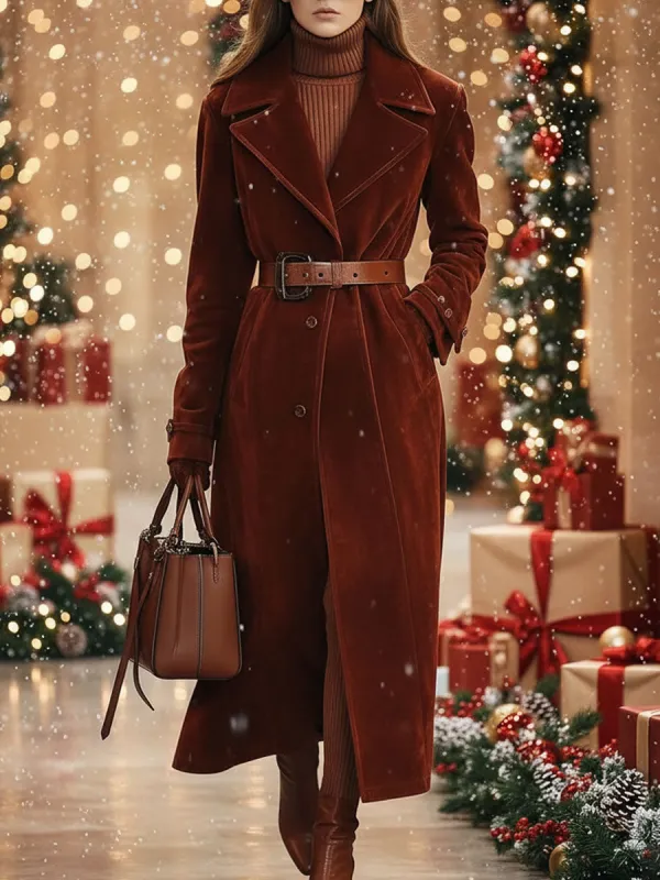 【24-hour shipping out】Casual Loose Vintage Angora Red Suede Pocket Lapel Extra Long Coat sold by Oyrosy