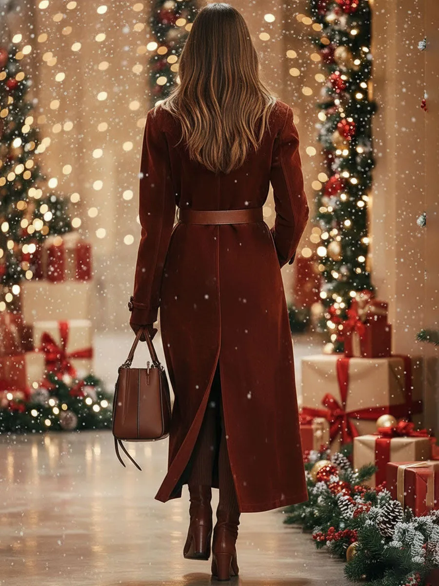 【24-hour shipping out】Casual Loose Vintage Angora Red Suede Pocket Lapel Extra Long Coat sold by Oyrosy product image thumbnail 3