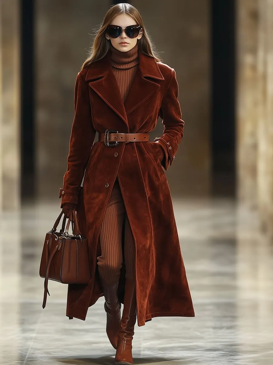 【24-hour shipping out】Casual Loose Vintage Angora Red Suede Pocket Lapel Extra Long Coat sold by Oyrosy product image thumbnail 4