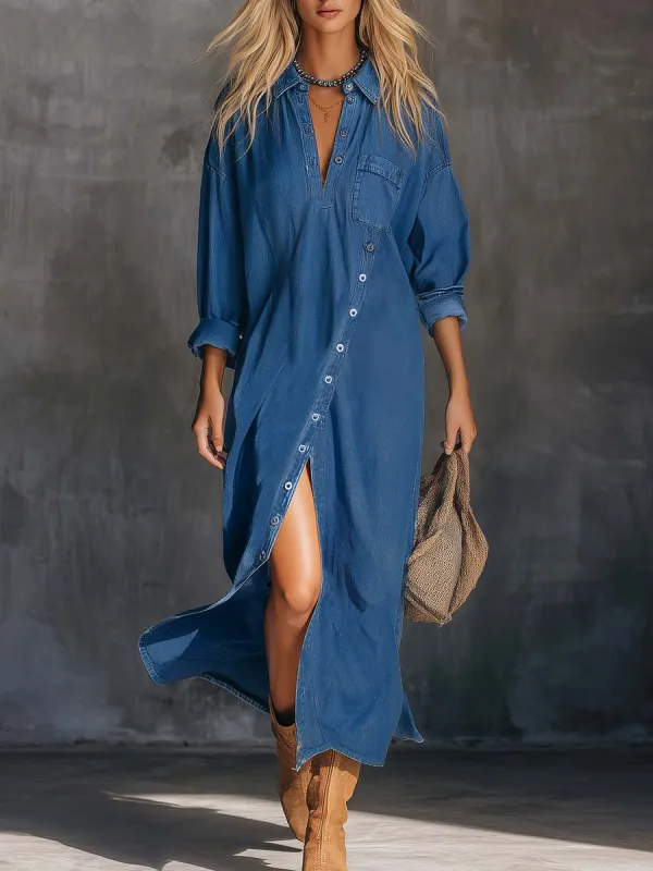 Vintage Casual Western-style V-neck Button-down Side-slit Blue Denim Midi Dress sold by Oyrosy