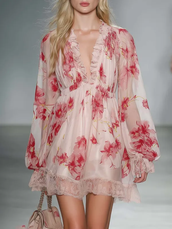 Elegant Fashion Flowing Ruffled V-neck Red Floral Print Pink Chiffon Mini Dress sold by Oyrosy