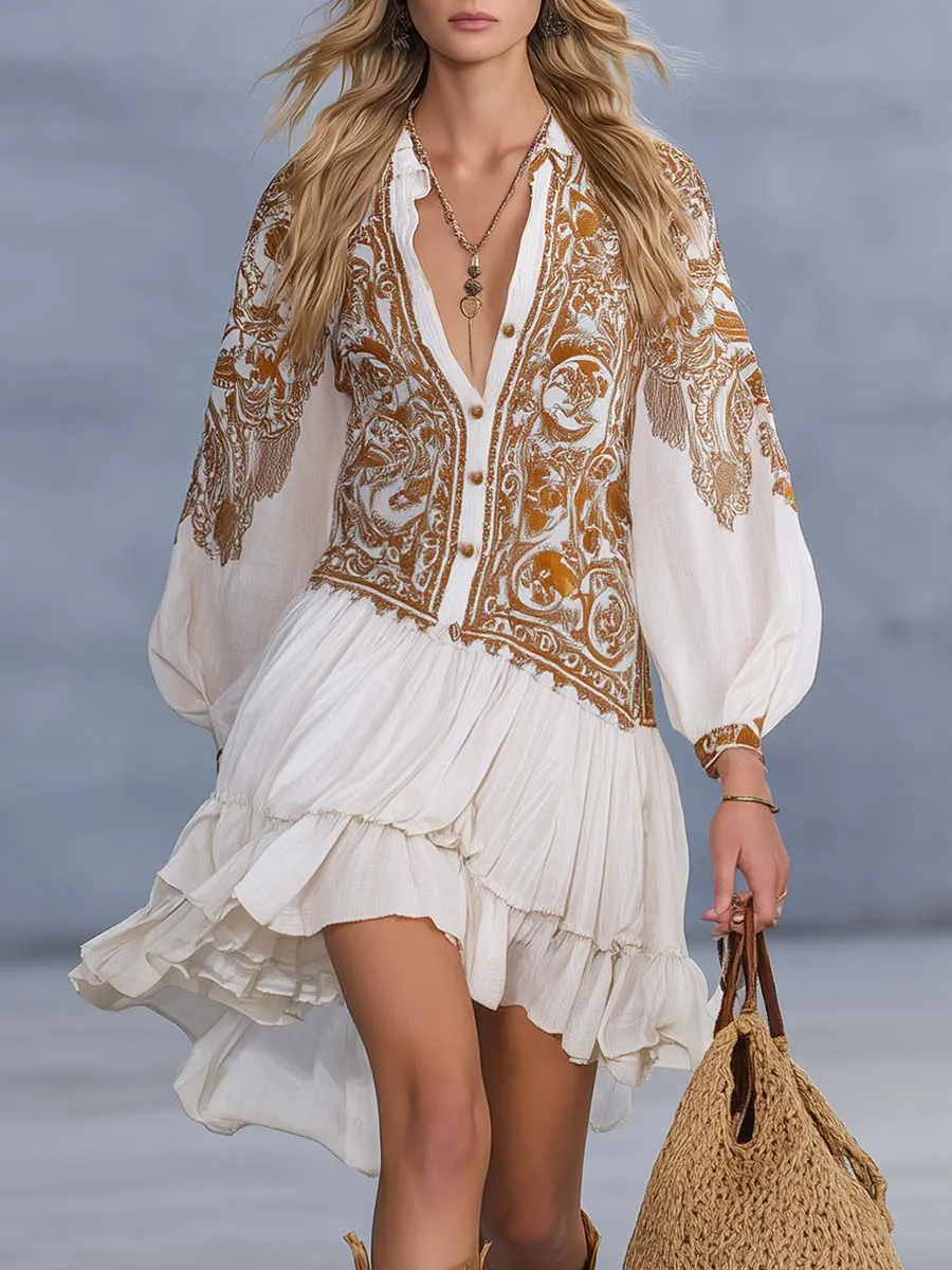 Elegant Vintage Bohemian V-neck Front-button Brown Western Printed White Chiffon Mini Dress sold by Oyrosy