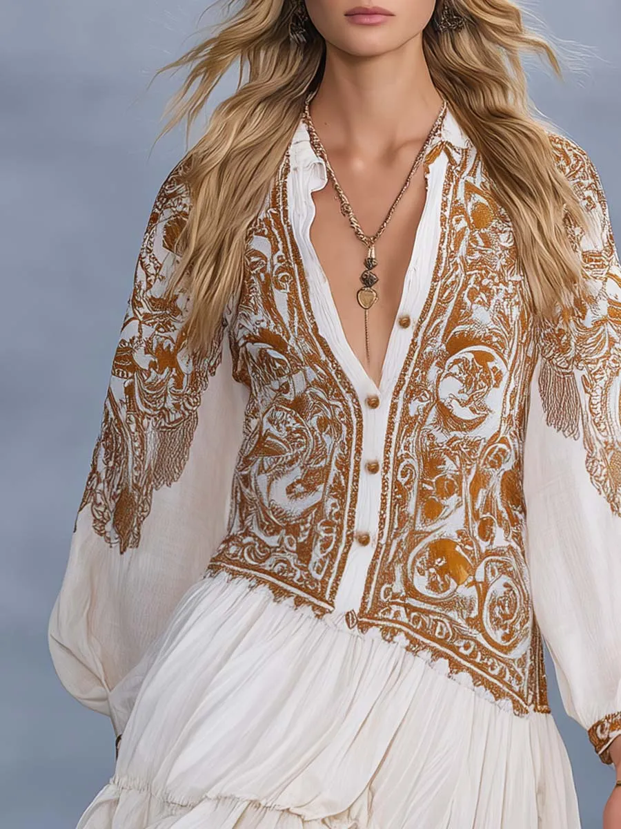 Elegant Vintage Bohemian V-neck Front-button Brown Western Printed White Chiffon Mini Dress sold by Oyrosy product image thumbnail 3