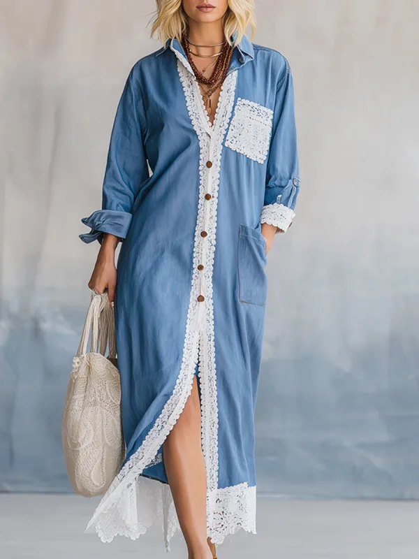Casual Lace-trimmed Light Blue Tencel Denim Maxi Dress sold by Oyrosy