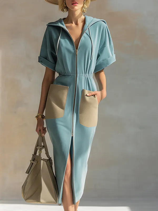 Elegant And Sporty Color-blocked Pocketed Blue Hooded Midi Dress sold by Oyrosy