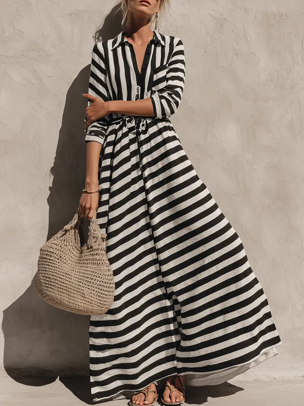Casual Classic Black And White Striped Cotton Maxi Dress sold by Oyrosy