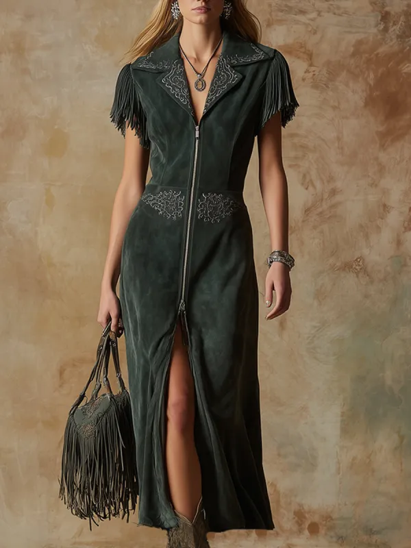 Vintage Western-style Embroidered Fringed Green Faux Suede Maxi Dress sold by Oyrosy