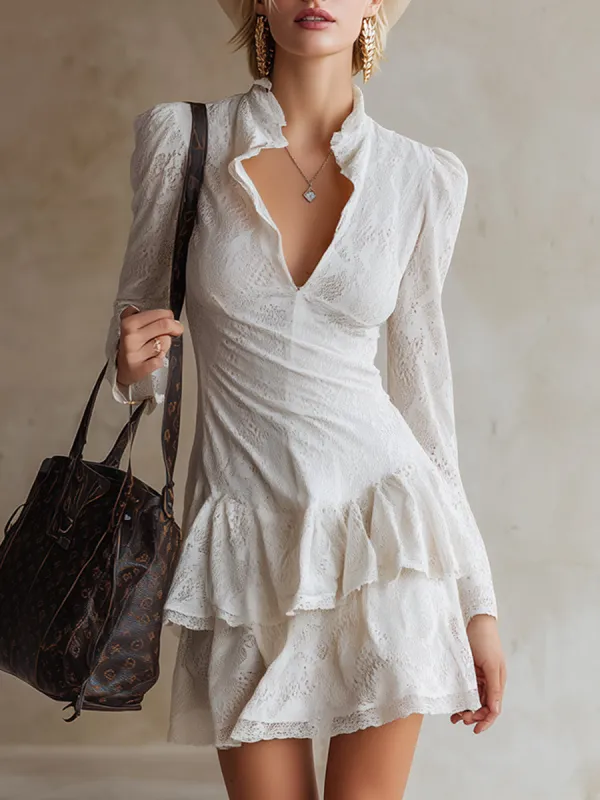 Stylish Vintage White Cotton-feel Lace Mini Dress sold by Oyrosy