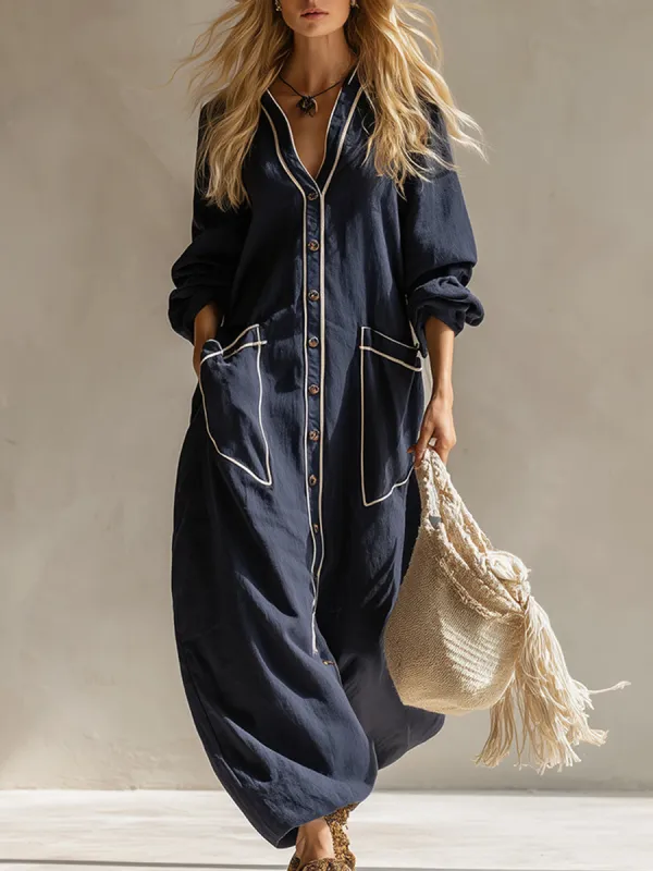 Elegant Urban-style Navy Blue Cotton And Linen Maxi Dress sold by Oyrosy