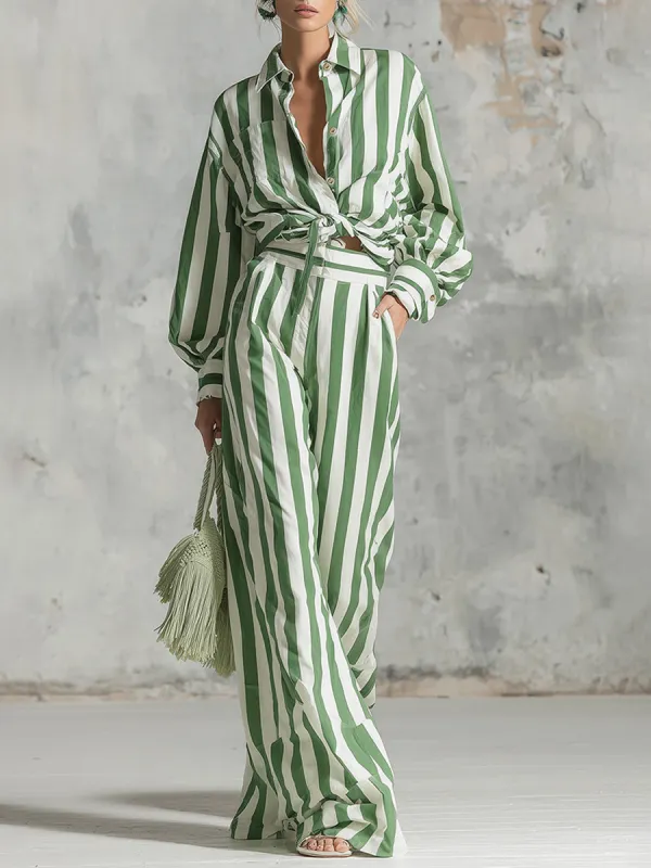 Stylish And Classic Green Striped Shirt And Wide-leg Pants Set sold by Oyrosy